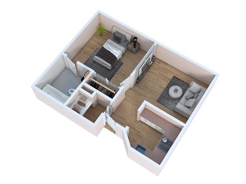 a conceptual drawing of a bedroom with a bathroom and a living room